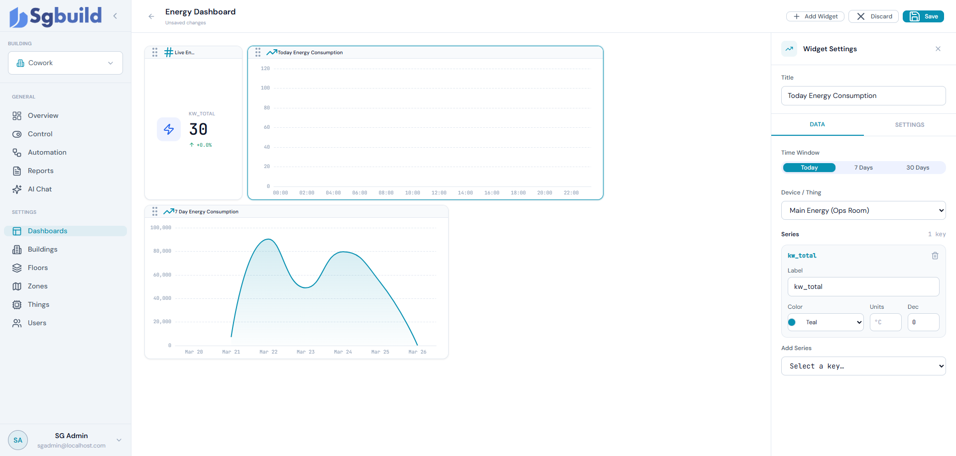 SG-Build Energy Dashboard showing real-time energy consumption charts