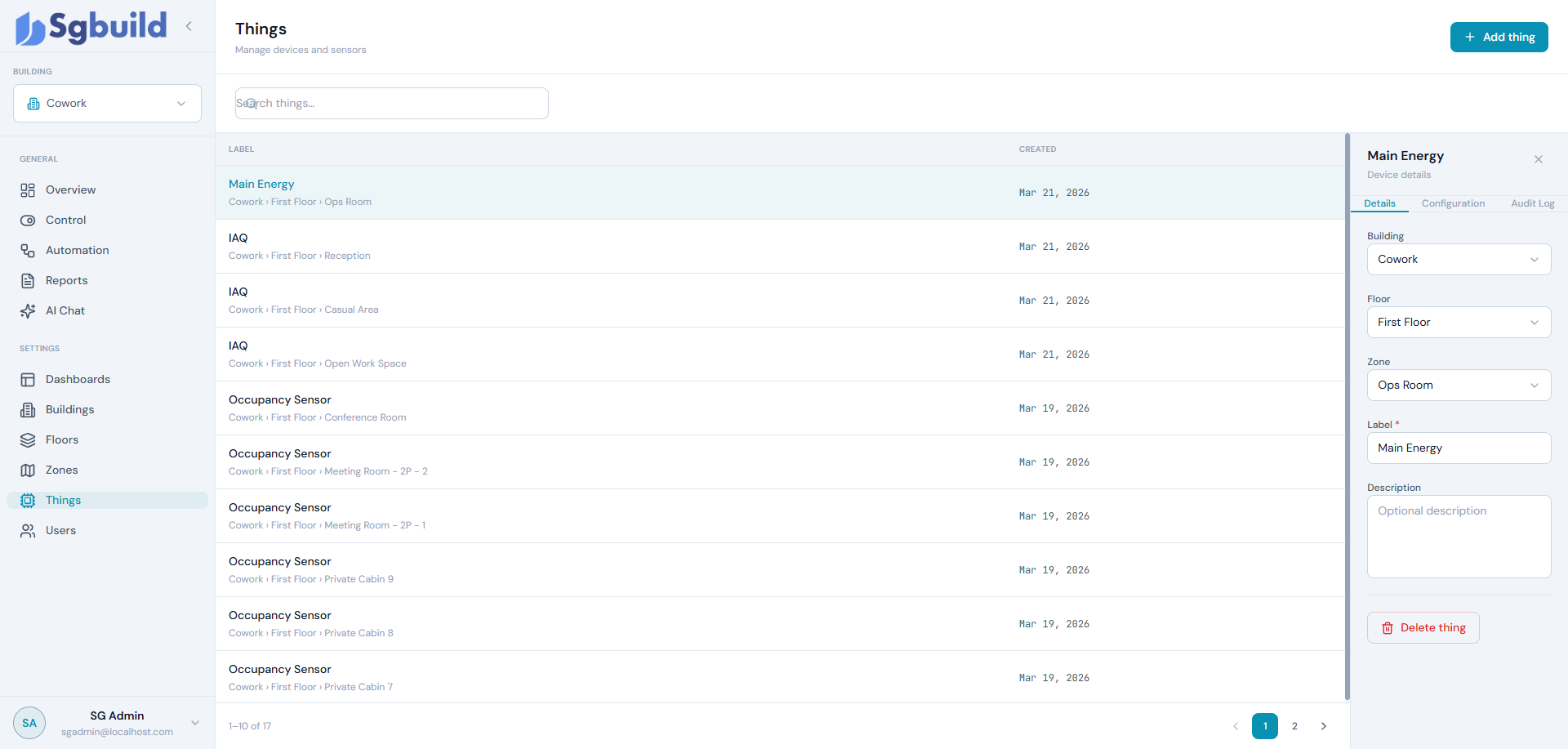Connect — manage sensors and devices in SG-Build